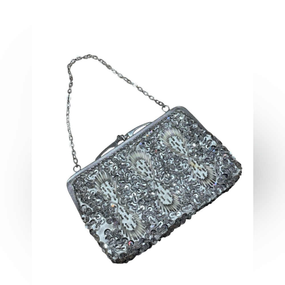 VTG Silver Beaded Sequined Evening Bag Chain Strap Made In Hong Kong READ Bridal